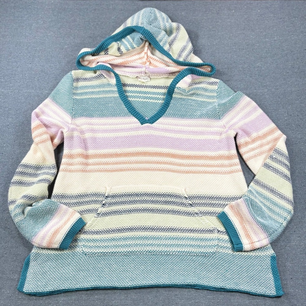 Hem & Thread Knit Hoodie Women Medium Multicolor Striped V-Neck‎ Kangaroo Pocket